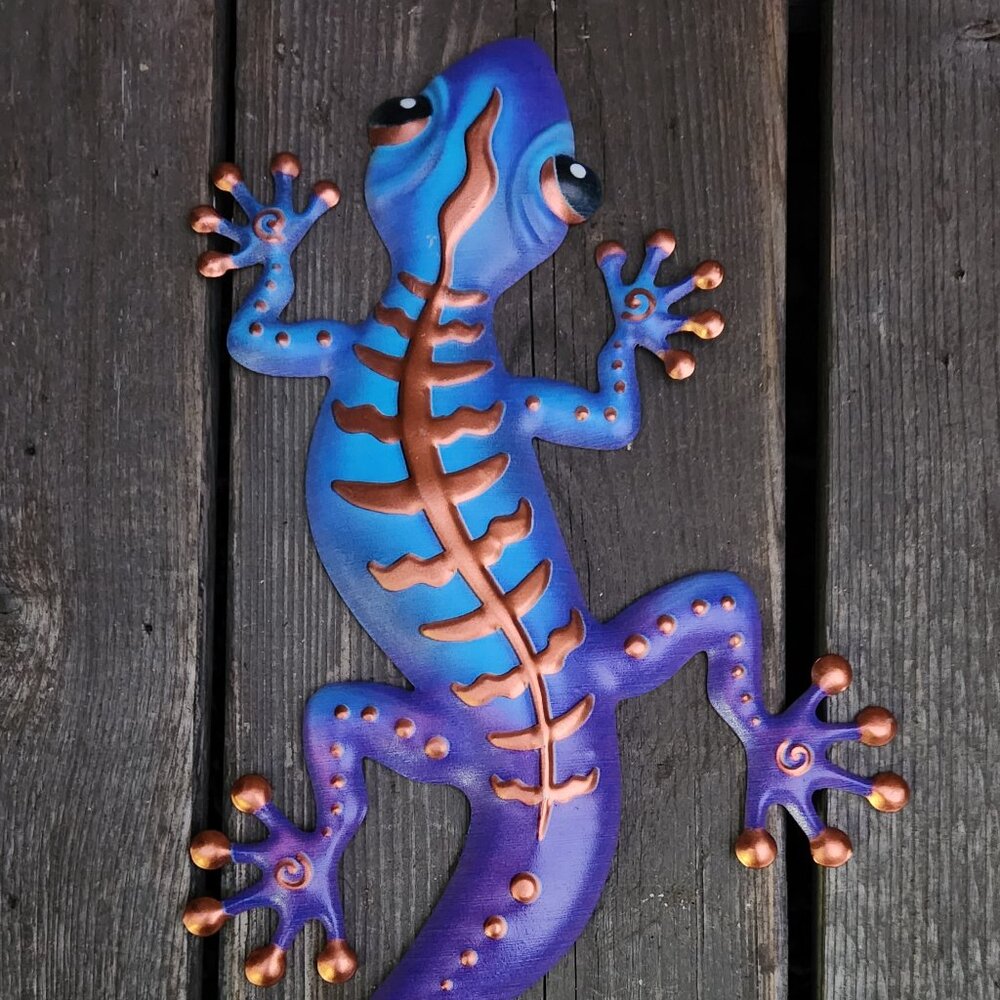 12" Blue/Copper Metalic Vibrant Color Metal Gecko Wall Decor Outdoor Art